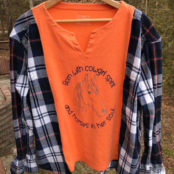 Upcycled Tee, Flannel Sleeves, Size M-L: Cowgirl Horse Graphic Shirt Remake - Picture 7 of 11